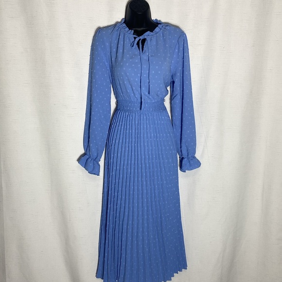 PRETTYGARDEN Fall Long Sleeve V Neck Swiss Dot Pleated A Line Flowy Dresses - Picture 4 of 11